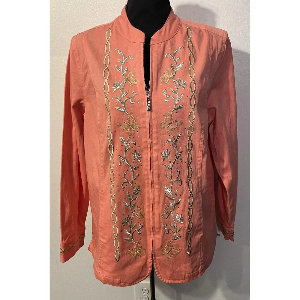 Quacker Factory Jacket Womens Medium Pink Embroidered Butterfly Floral Full Zip‎